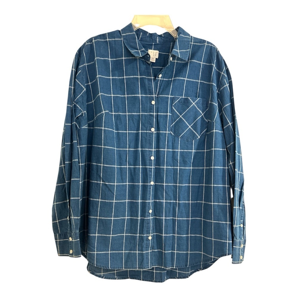 A New Day Women's Long Sleeve Button-Down Shirt Blue White Plaid Size XXL